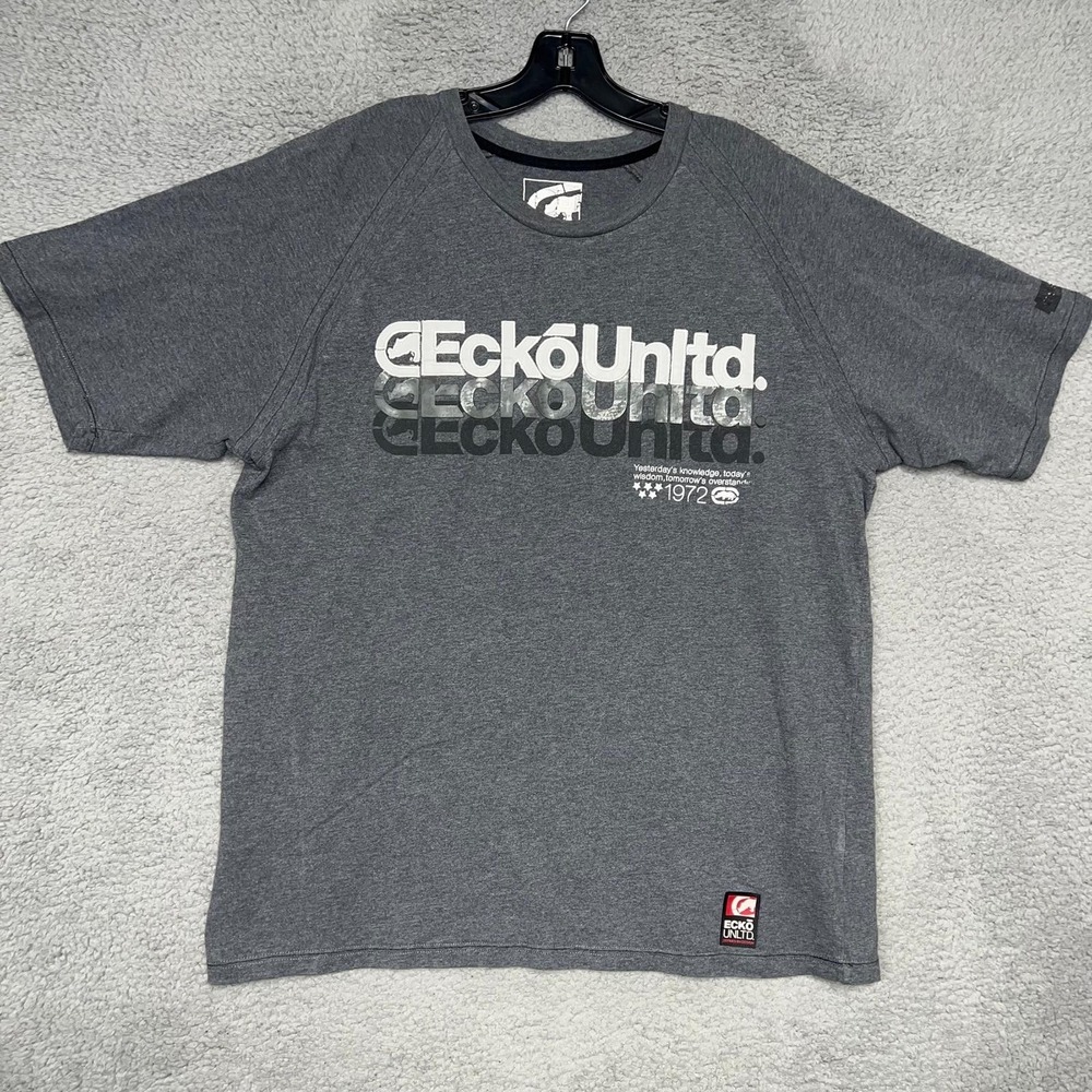 VTG‎ Ecko Unltd T Shirt Men's Sz L Gray Stitched Panel Logo 2 Sided Tee 1972